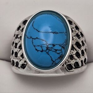 Blue Turquoise Oval Silver Statement Ring Size 8 Men Woman Unisex